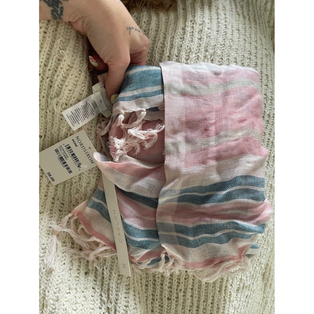 Caslon Pink and Blue Striped Fringe Scarf
